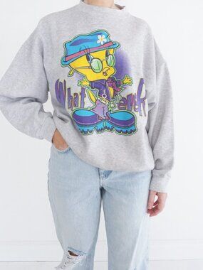 Vintage Looney Tunes 1999 Tweety Bird Graphic Grey Crewneck Sweater Cartoon XL